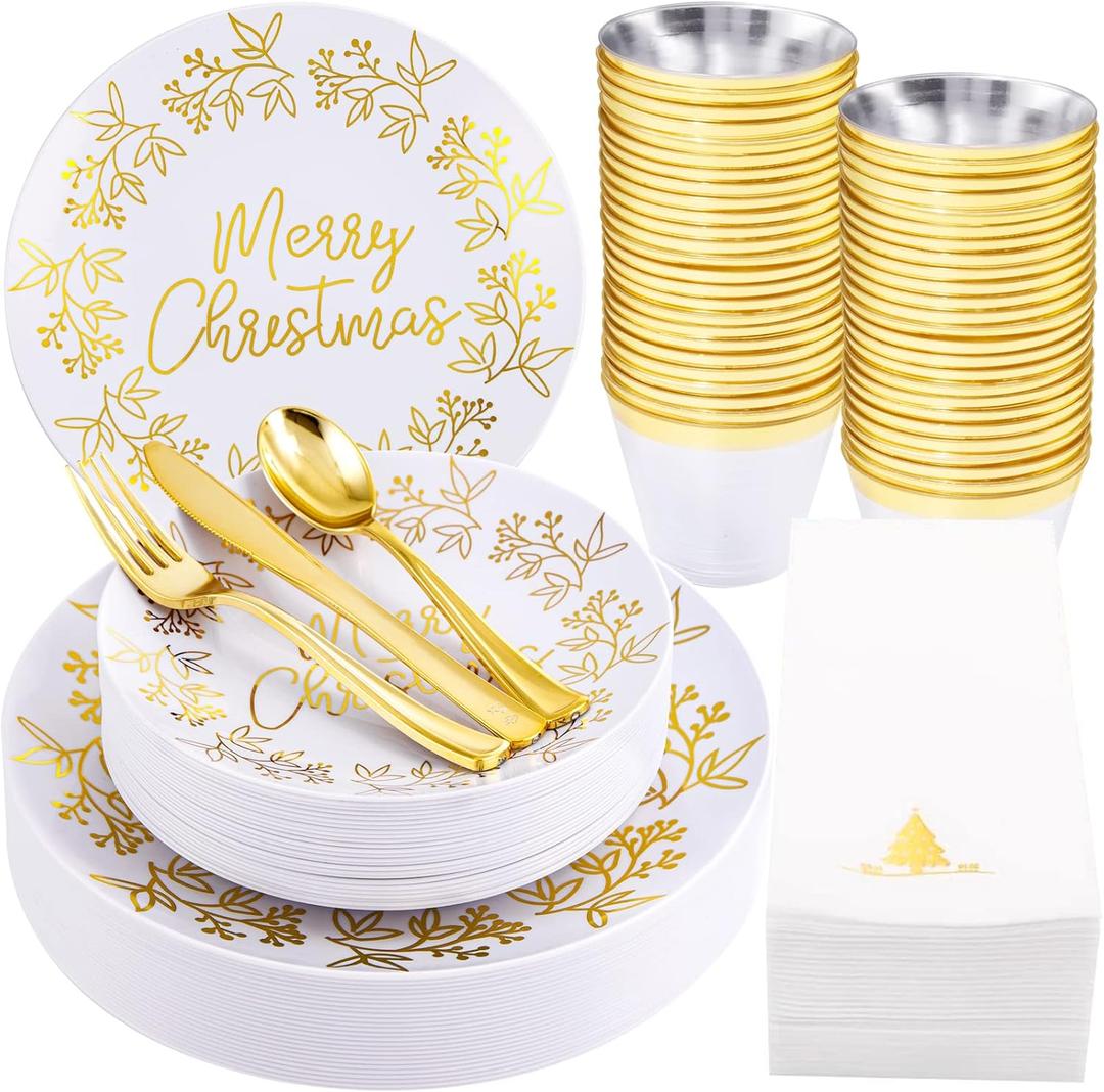 Nervure 175PCS Christmas Plastic Plates  White and Gold Disposable Plates & Gold Plastic Silverware with White Handle include 50 Plates 25Knives 25Forks 25Spoons 25Napkins for Christmas Party