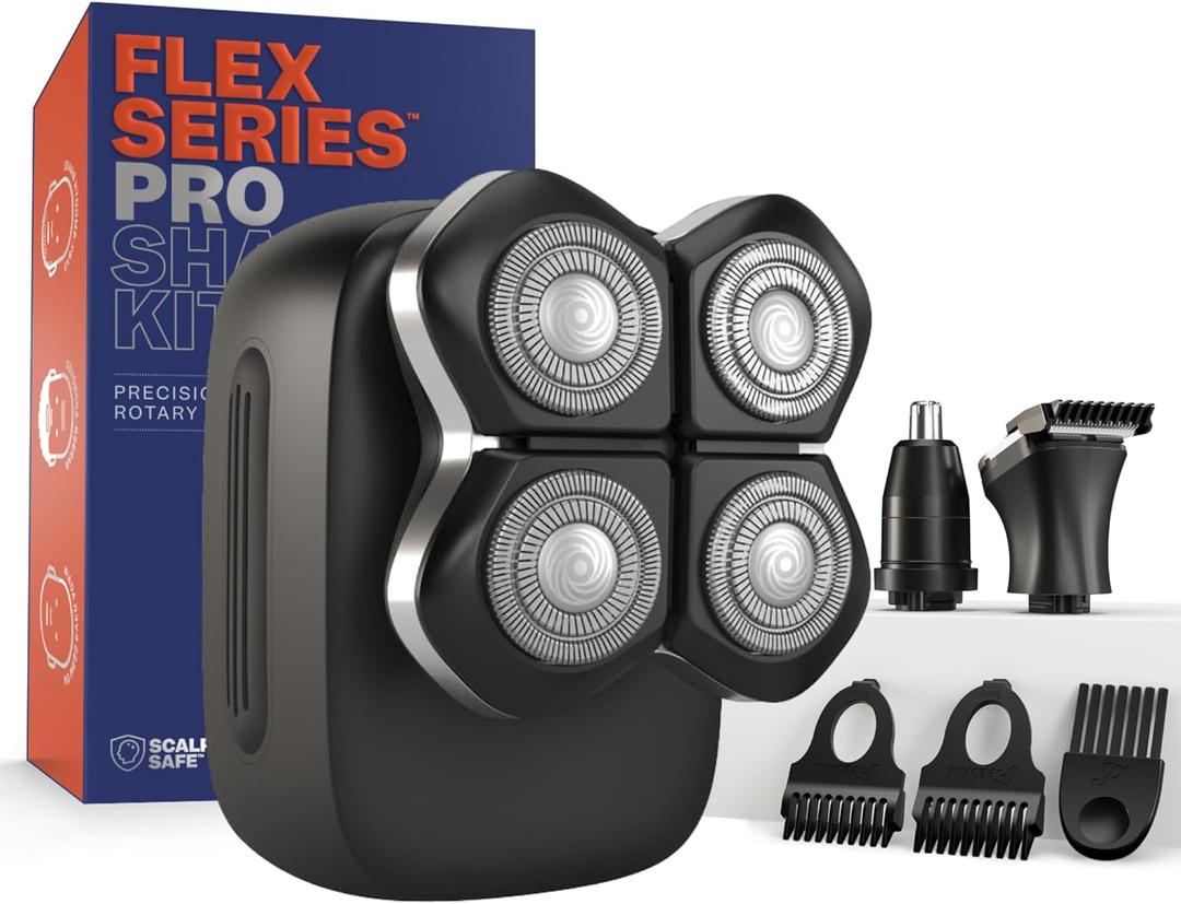 Freebird FlexSeries Pro Electric Head & Body Shaver - Men's Cordless Rechargeable Wet/Dry Skull Bald Head Back & Groin Waterproof Razor with Rotary Blades, Clippers, Nose Trimmer, Brush, Massager