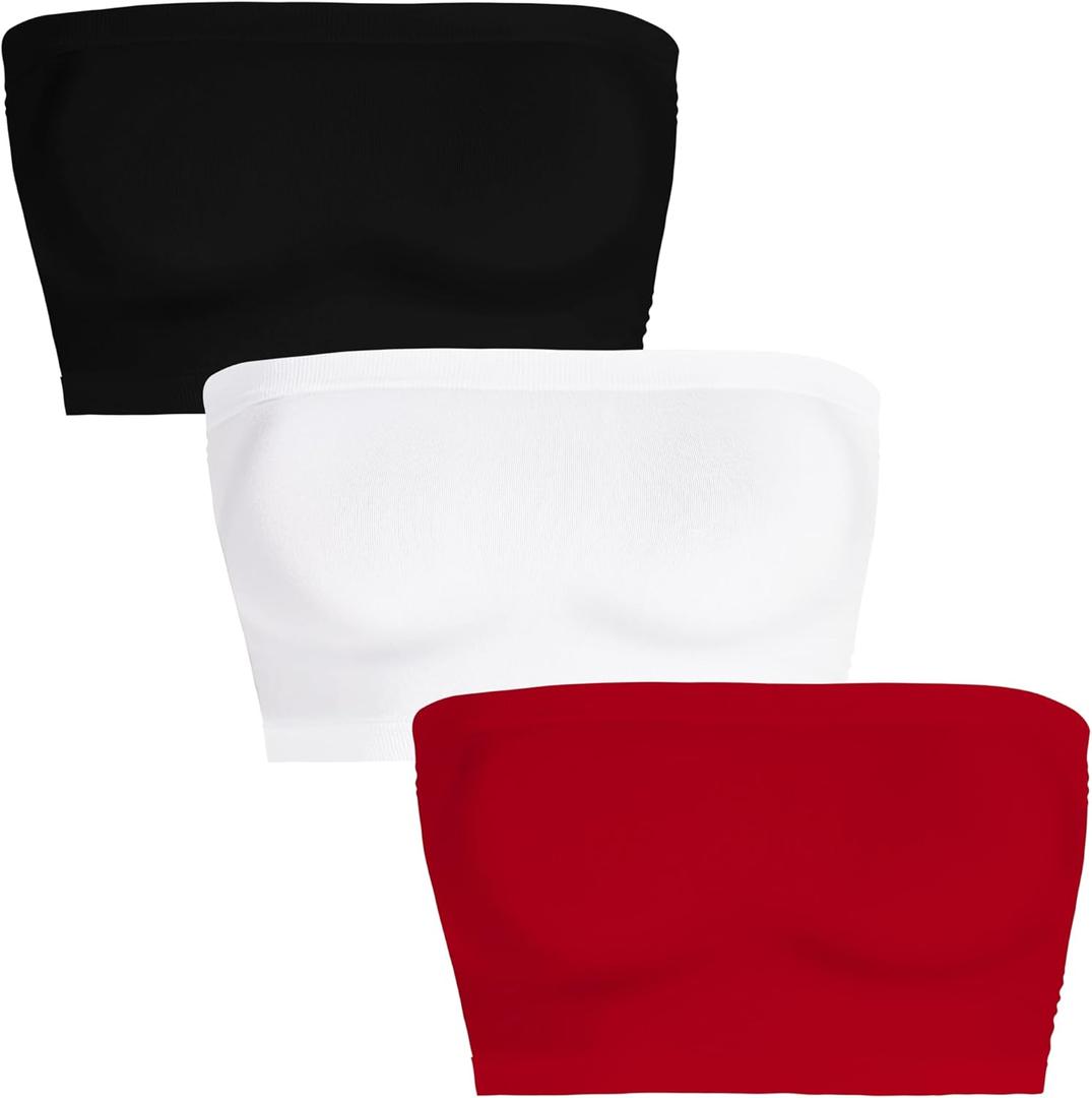 Womens Tube Tops Summer Bandeau Casual Crop Top Going Out Strapless Tank Basic Short Shirt (One Size, 3 Pieces Black, White, Red)