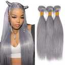 12 14 16 Inch Gray Bundles Straight 3 Bundles Human Hair Brazilian Remy Hair 50 Grams/Bundle 10A Grade Unprocessed Virgin Hairs Silver Grey Color Straight Bundle Weaves Extensions