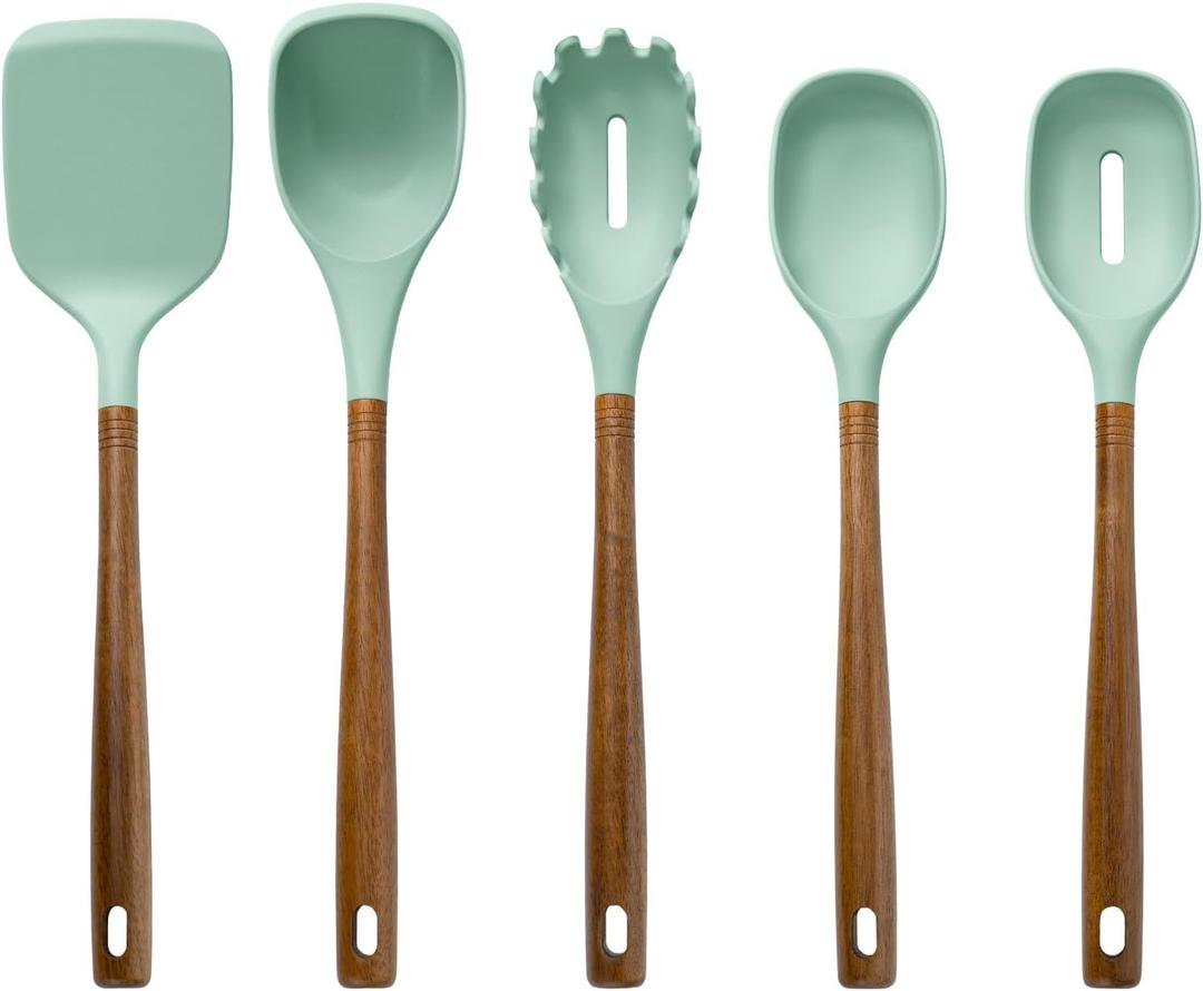 5-Piece Silicone Kitchen Utensil Set with Acacia Wood Handles, Green