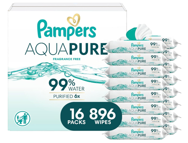 Pampers Aqua Pure Baby Wipes, Unscented, Fragrance Free, 99% Water, Water Based, Multi-Use, 896 Wipes Total 