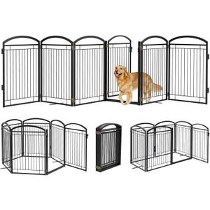 Full Metal Free Standing Dog Gate with Door for Indoor Outdoor, 144'' Extra Wide 36'' Tall Dog Gate for Doorways,Large Openings,Decks,Freestanding Portable Pet Fence(6 Panels,Black)