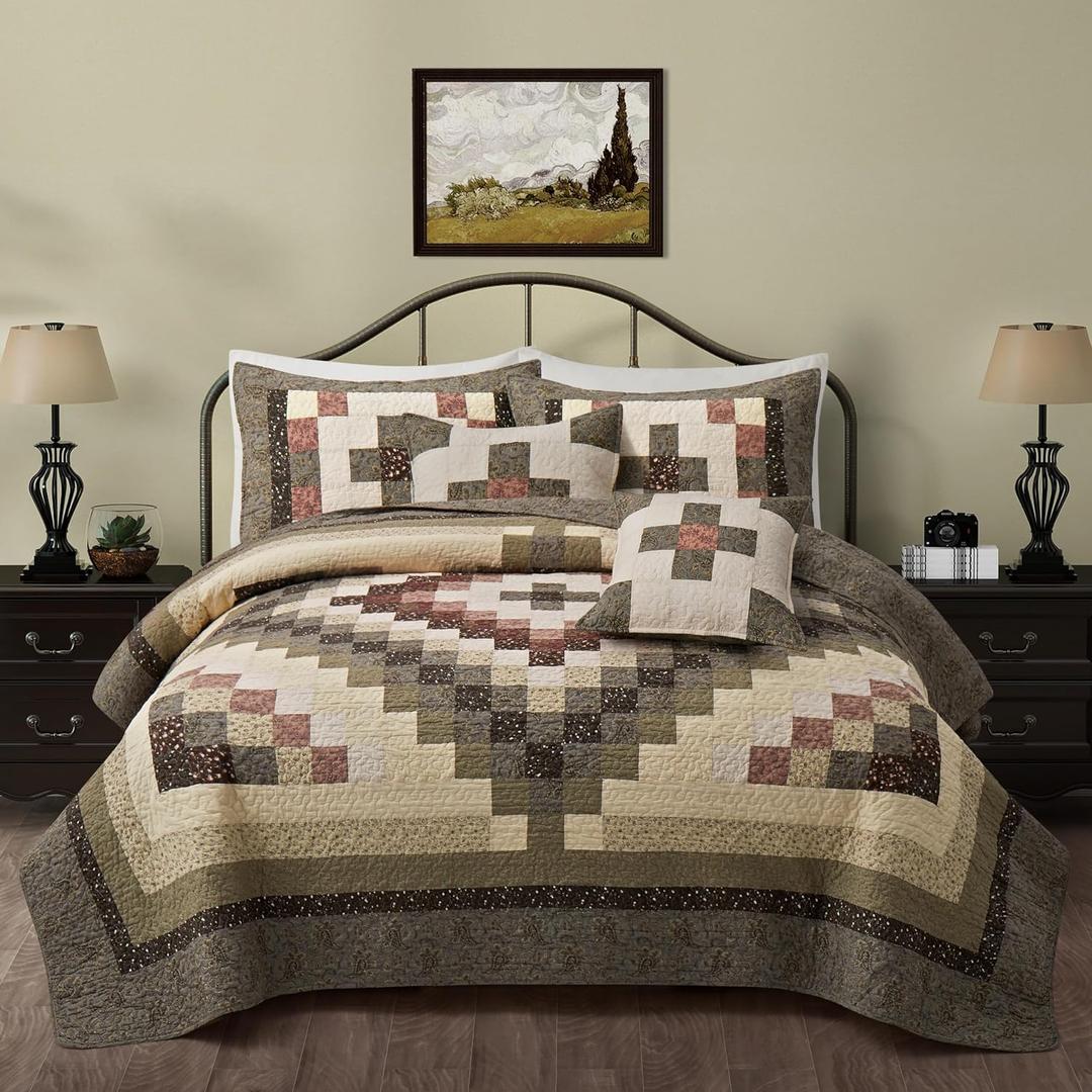 5 Peice Cotton Queen Size Bed Quilt Bedding Set Green Cream Quilt Sets with Shams Patchwork Plaid 96"x96" Farmhouse Bedspread Coverlets Set
