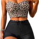 Lilosy Drawstring High Waisted Bikini Set Srting Swimsuit Spaghetti Strap Cami Top and Tie Side Shorts 2 Piece (XX-Large, Leopard)