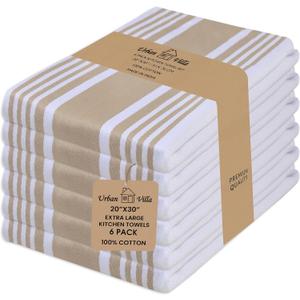 Urban Villa Kitchen Towels 100% Cotton Dish Towels for Kitchen (Set of 6)20x30 Dish Cloths Highly Absorbent Kitchen Linen Set with Hanging Loop Perfect for Drying Dishes Cleaning Towels-Taupe White