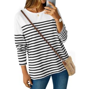 LilyCoco Womens Oversized Striped Shirt Color Block Crewneck Long Sleeve T Shirt White Large (L)