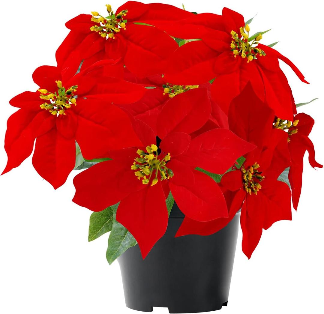 Poinsettia Plants Artificial 9 Heads 14 Inch Fake Poinsettias Christmas Flowers in Pot for Home Porch Office Indoor Outdoor Christmas Winter Decorations Red (1PC)