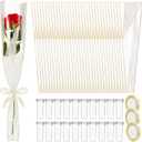 Gilprop 100 Set Single Rose Sleeve with Flower Water Tubes for Bouquets 100 Single Wrapping Bags and Floral Water Tubes with 3 Ribbons Flower Packaging Bags for Mother's Day Graduation Party