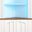 HOOBRO Corner Cabinet with LED Lights, 67" Tall Farmhouse Corner Storage Cabinet with Doors and Storage Shelves, 5-Tier Corner Bathroom Cabinet, for Living Room, Kitchen, White and Walnut WH74DCJ01, 15.3"L x 15.3"W x 67.3"H