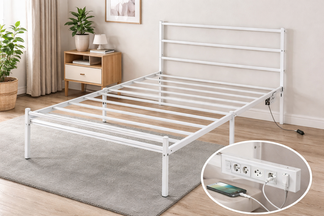 Twin Metal Folding Bed Frame With USB/USB C Port And Two Power Outlets, 2T, White
