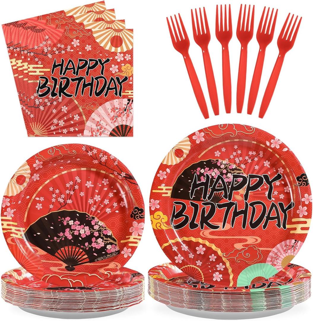 Grencian 96 Pcs Hibachi Party Decorations Folding Fans Birthday Party Supplies Japanese Cherry Blossom Tableware Set for Hibachi Japanese Summer Picnic Birthday Serves 24