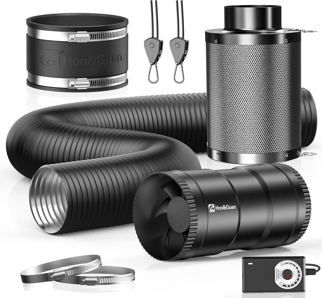 Hon&Guan 4" Air Filtration Kit: 4 Inch Inline Duct Fan with Speed Controller, 10" High Carbon Filter, 8 Ft Ducting & Rubber Coupler, Ventilation System for Grow Tents, Indoor Gardening, Hydroponics