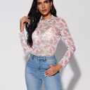 Women's Sheer Floral Long Sleeve Layering Top Ruffled Mock Neck Sheer Blouse for Casual Brunch Party Club Night Date Outfits (Pink, L)