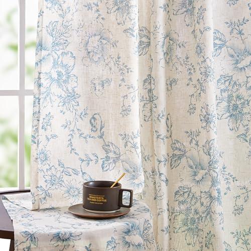 jinchan Linen Blend Curtain Floral Curtains for Living Room 45 Inch Length Blue Printed Curtain Rod Pocket Back Tab Farmhouse Peony Flower Patterned Drapes Bedroom Window Curtains Set 2 Panels