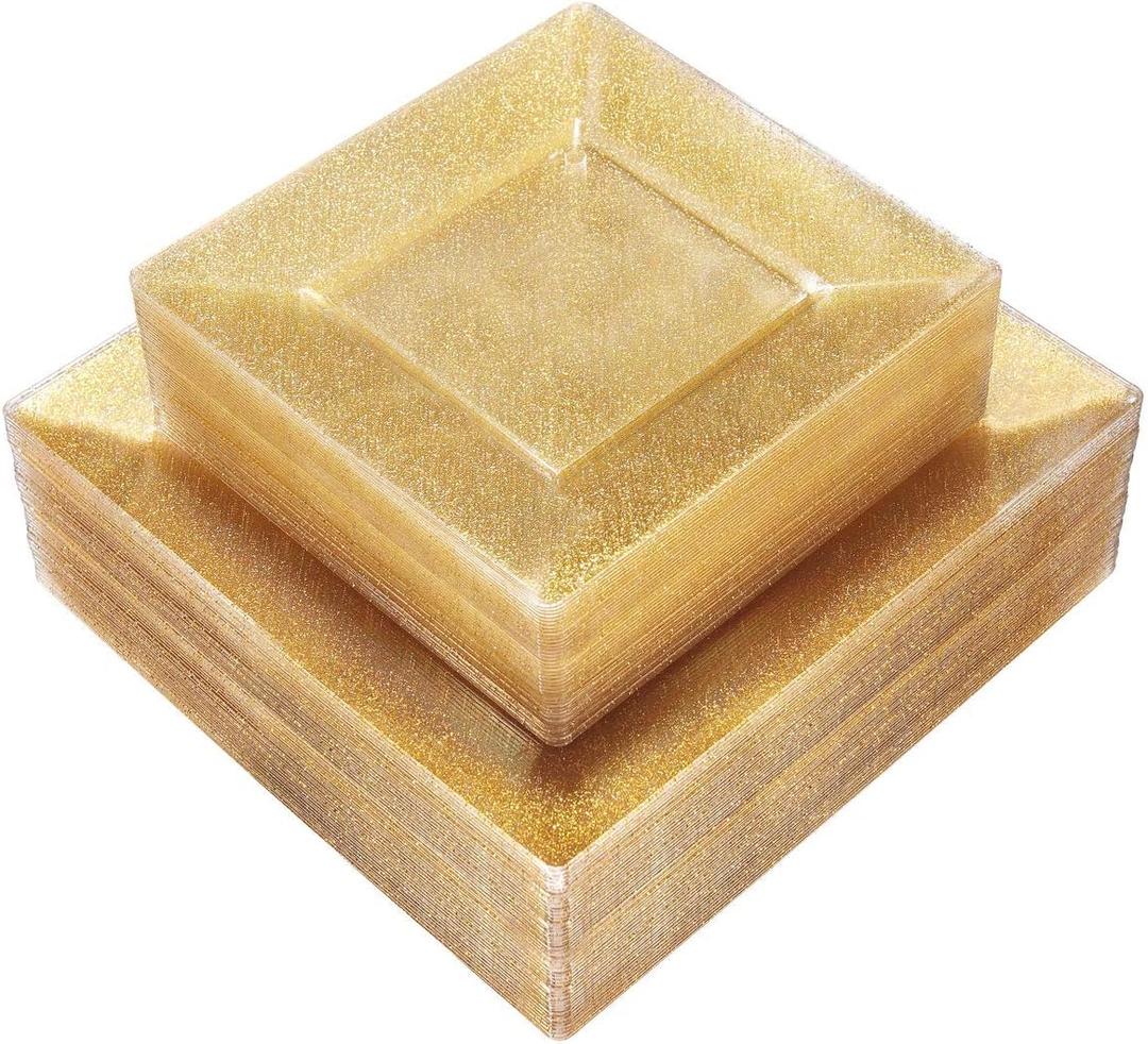 Liacere 60Pieces Gold Glitter Plastic Plates - Premium Square Disposable - Include 30PCS 9.5inch Gold Dinner - 30PCS 7inch Gold Dessert/Salad Plates for Party&Wedding&Thanksgiving