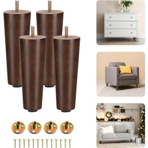 Yes4All 6-Inch Round Wooden Furniture Legs Set of 4, Adjustable Replacement Feet for Couch, Bed, Dresser, and Ottomans, Tapered Legs with Levelers, Brown Wood Components for Tables and Chairs