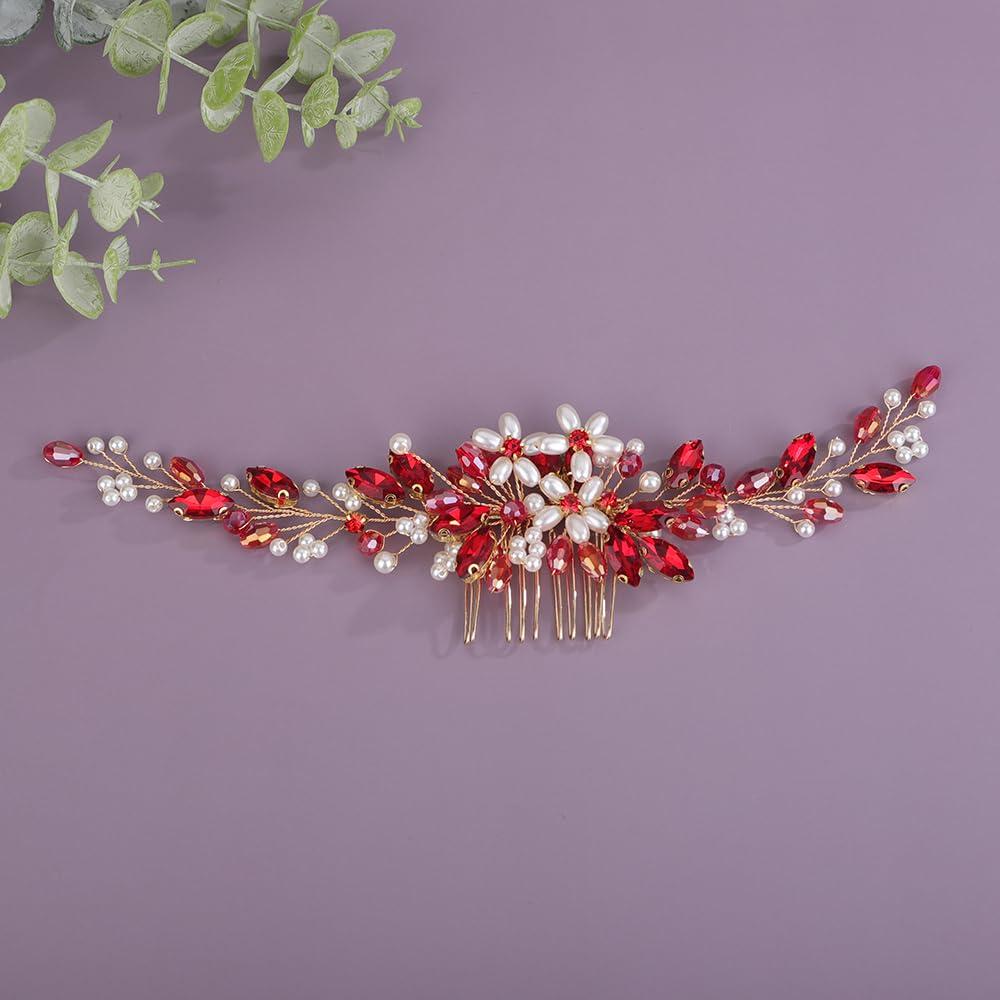 Bridal Rhinestone Pearls Hair Comb Flowers Pearls Rhinestone Wedding Headband Crystal Rhinestone Pearls Handmade Hair Comb for Wedding Bridal Women (Red)