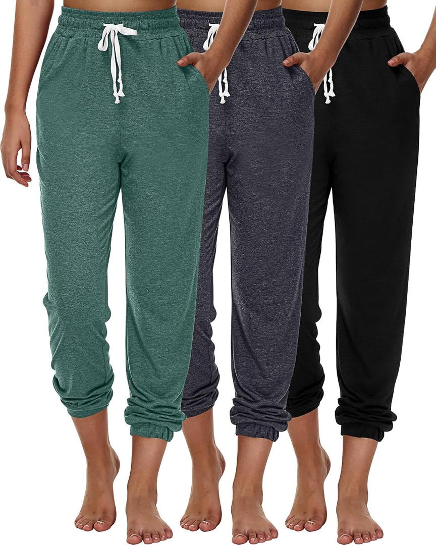 Ficerd 3 Pcs Women's Joggers Pants Casual Soft Sweatpants Lounge Pants High Waisted Athletic Joggers with Pockets(Small,Black, Pine Green, Grey)