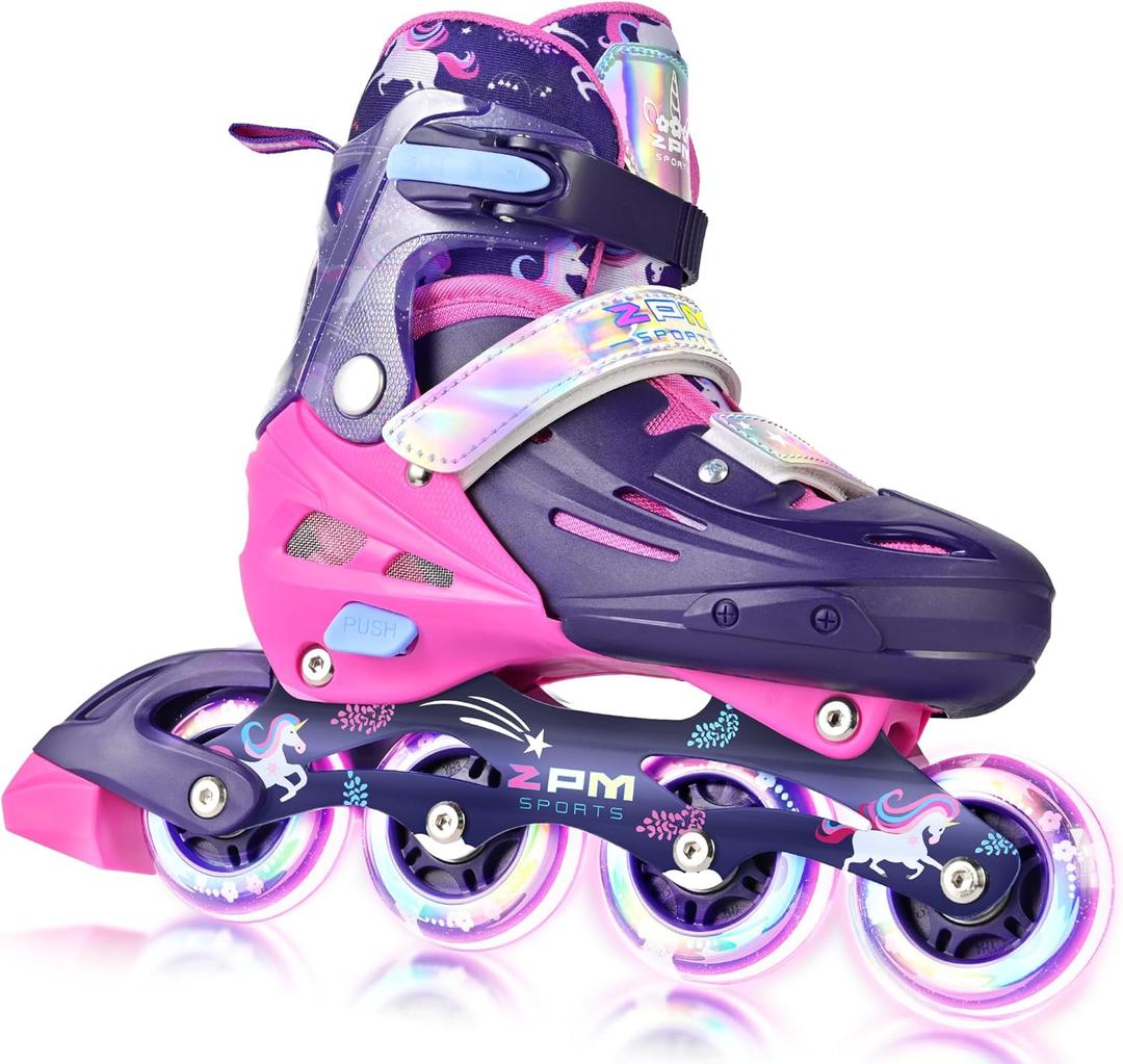 2PM SPORTS Inline Skates for Kids Boys Girls Ages 5-8 8-12 3-5 4-8 6-12 with Light Up Wheels, Adjustable Children's Roller Skates Blades for Toddler Beginner Youth Indoor Outdoor (Medium - Big Kid, Purple Pink)