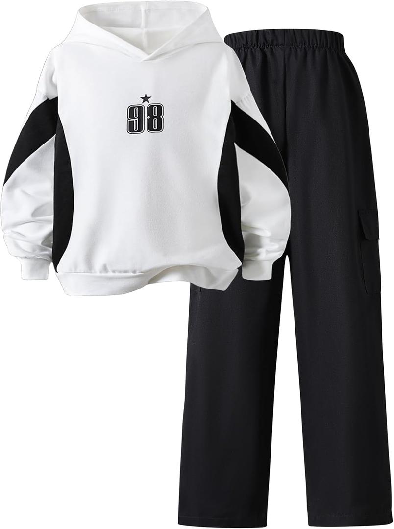 Girls' Hooded Sweatshirt and Pants Set, White and Black, Casual Jersey Outfit, 8-12 Years (White)