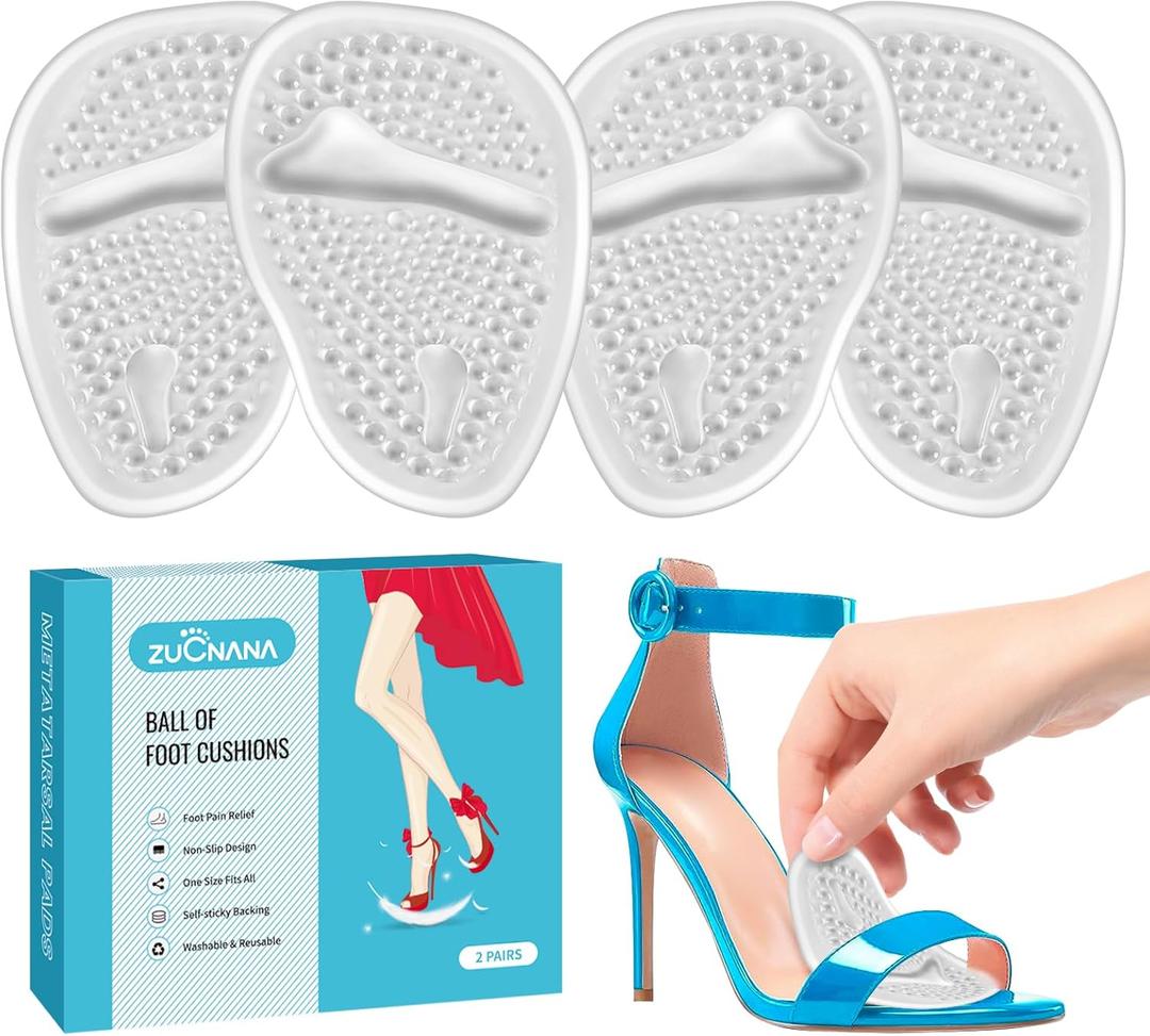ZUCNANA Ball of Foot Cushions (2 Pairs Gel Shoe Inserts), Heel Inserts for Women, Non Slip Heel Pads, Heel Cushions for Women Foot Pain Relief and Comfort, One Size Fits Any (Clear)