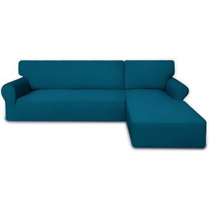 PureFit Super Stretch Sectional Couch Covers - 2 pcs Spandex Non Slip Sofa Covers with Elastic Bottom for L Shape Sectional Sofa Couch, Great for Kid & Pet (3 Seat Sofa + 3 Seat Chaise, Peacock Blue)