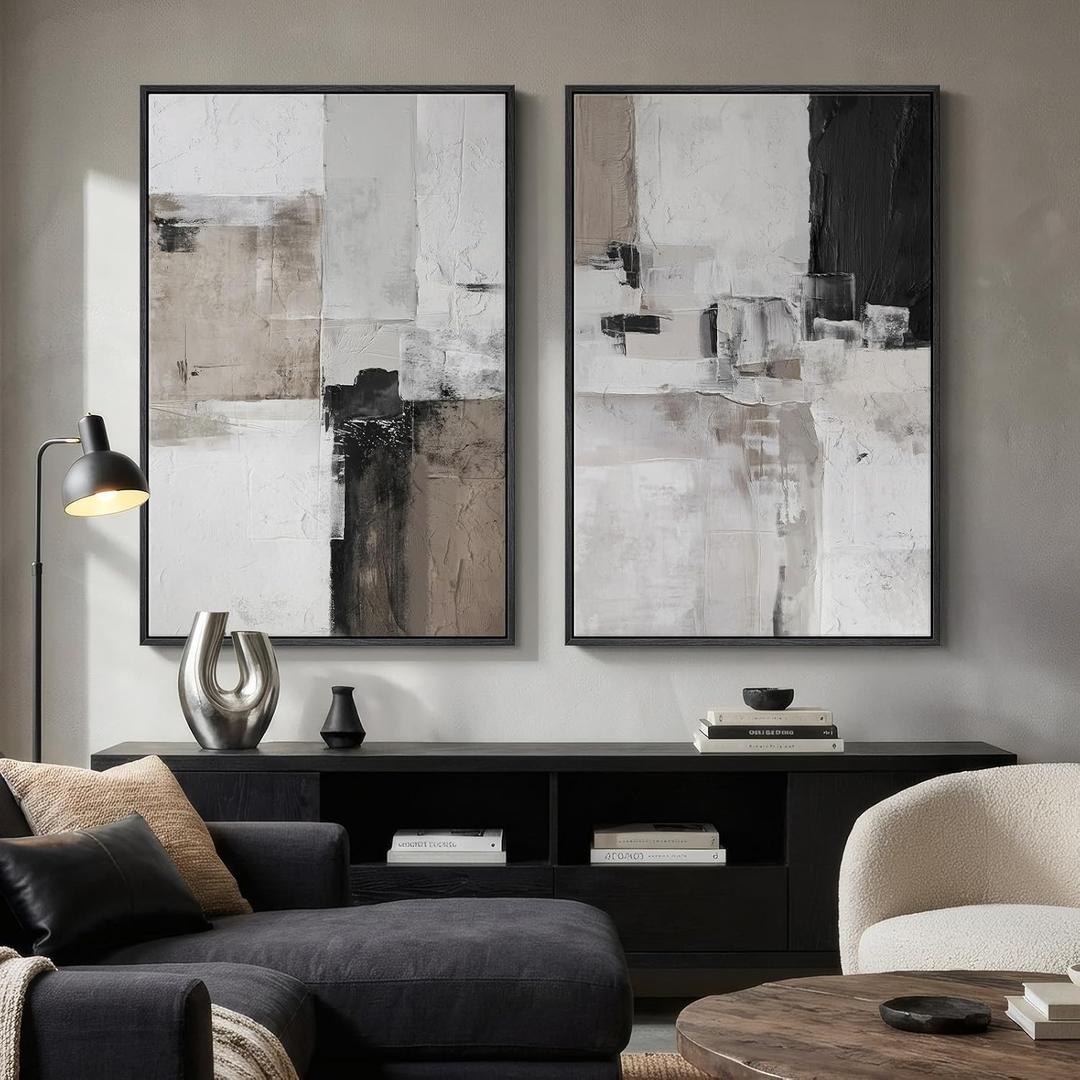Framed Abstract Black and White Brown Wall Art for Living Room, Set of 2 Large Modern Prints Canvas Artwork for Walls, Minimalist Paintings Pictures Abstract Wall Decor for Bedroom Hallway, 24x36 Inch