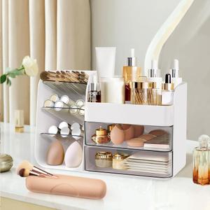 Makeup Organizer Countertop with Drawers, Cosmetic Organizer with Travel Makeup Brush Holder, Skincare Organizer & Storage with Drawers for Bathroom, Beauty Essentials, Eyeshadow (White)