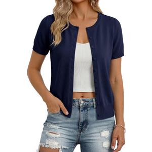 GRACE KARIN Short Sleeve Cardigan Summer Button up Sweaters for Women Lightweight Crew Neck Casual Outfits (Blue, M)