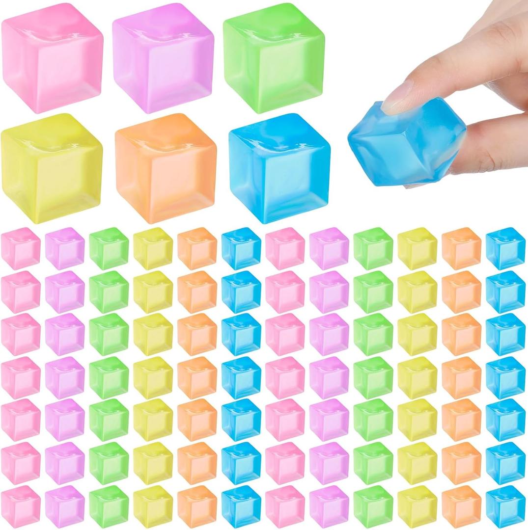 Simgoing 96 Pcs Mini Ice Cube Stress Balls Fidget Toys Bulk Squeeze Square Ball Sensory Toys Stress Relief Ice Cube for Small Prize Birthday Party Favor Bags Box Filling, 6 Colors