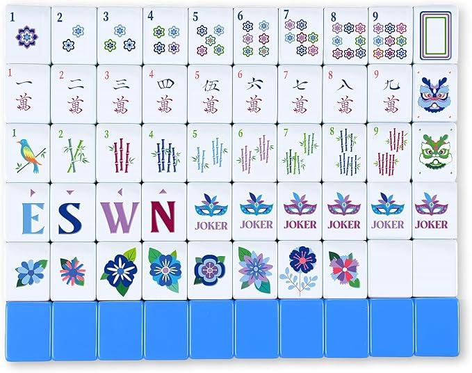 Arrowbash 160 Pcs American Mah Jong Set 1.2 x 0.87 Inches Blue Back Melamine Mini Mahjong Tiles, Carved Pattern for Adult Social Games, Mahjong Lovers, Beginners