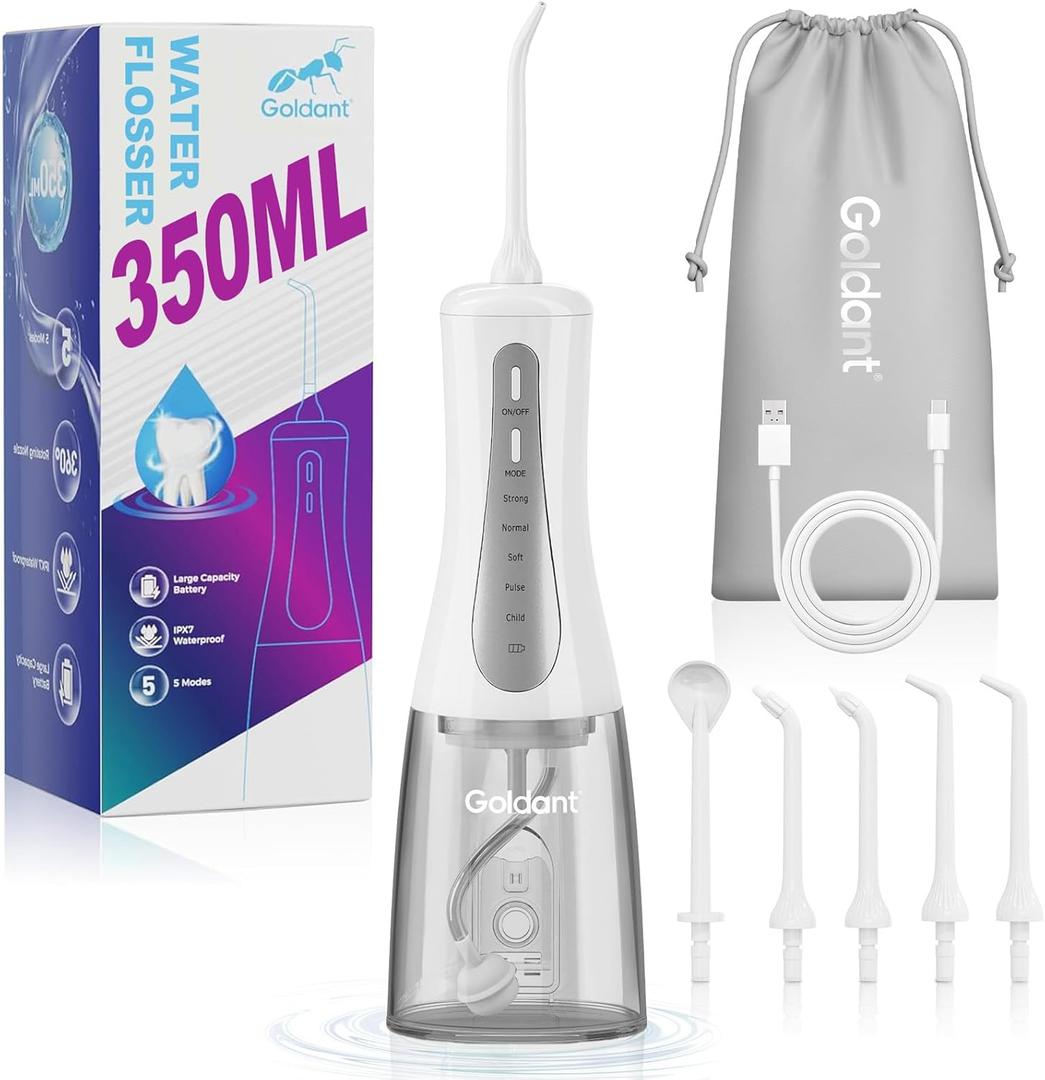 2026 New 350ML Water Dental Flosser Teeth Pick with Bag, 5 Modes Portable Cordless Oral Irrigator Cleaner, Electric Rechargeable IPX7 Waterproof for Home Travel Teeth Cleaning Flossing (White)