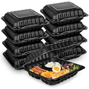 50Pack 8" X 8" 3-Compartment Clamshell To Go Food Containers With Secure Snap Lids - Heavy Duty Take out Containers Disposable To Go Plate For Carryout Meal Prep Catering (Black 3-Compartment)