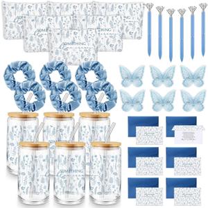 48 Pcs Something Blue Crew Gift Bulk for Bridesmaid Blue Hair Scrunchies Proposal 16 Oz Glass Cup Makeup Bag Butterfly Clips Card Envelope Pen for Bachelorette Bridal Shower Decorations