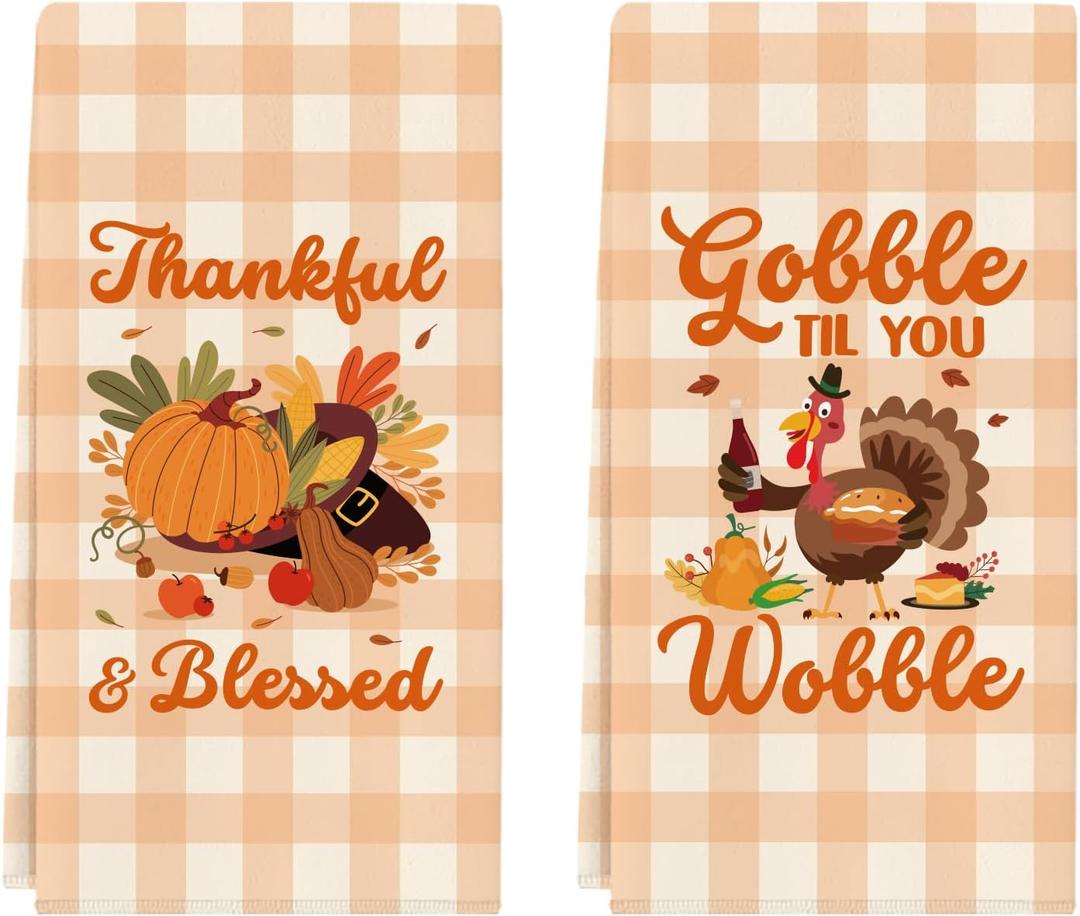 Thanksgiving Kitchen Towels, Funny Thanksgiving Kitchen Bathroom Decor, Thankful and Blessed Hand Towels, Cute Turkey Gobble Til You Wobble Gifts for Women Men Sister Mom Wife Friends Coworkers