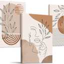 SERIMINO Boho Framed Wall Art Set of 3, Minimalist Wall Decor Living Room, Geometric Line Leaf Sun Moon Canvas Artwork Paintings for Bathroom, Home Decor Print 24x16 in