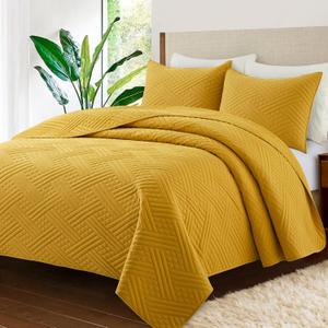 Safonory Quilt Set King Size(106"x96", Mustard Yellow) - Summer Thin Soft Striped Pattern Quilted Bedspread for King Bed - 3 Pieces Lightweight Coverlet Bedding Set(1 Quilt, 2 Shams)