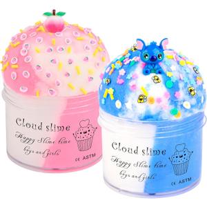 2 Pack Cloud Slime Kit with Blue Cake and Pink Charms, Scented DIY Slime Supplies for Girls and Boys, Stress Relief Toy for Kids Education, Party Favor, Gift and Birthday
