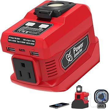 220W Power Inverter Compatible with Milwaukee 18V Battery, DC 18V to AC 110V Battery Inverter, Power Station Generator with 1 AC Outlet, 2 USB Ports & 1 TypeC Fast Charging, 400LM LED Work Light
