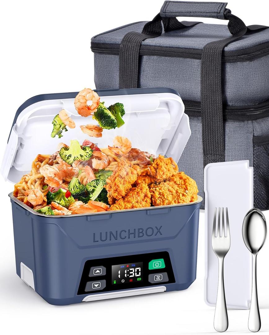 Rechargeable Heated Lunch Box for Men, 1.3L Cordless Electric Lunch Box for Adults with Scheduled Heating, Portable Food Warmer with Large Bag, Cutlery, Removable Divider (Blue)