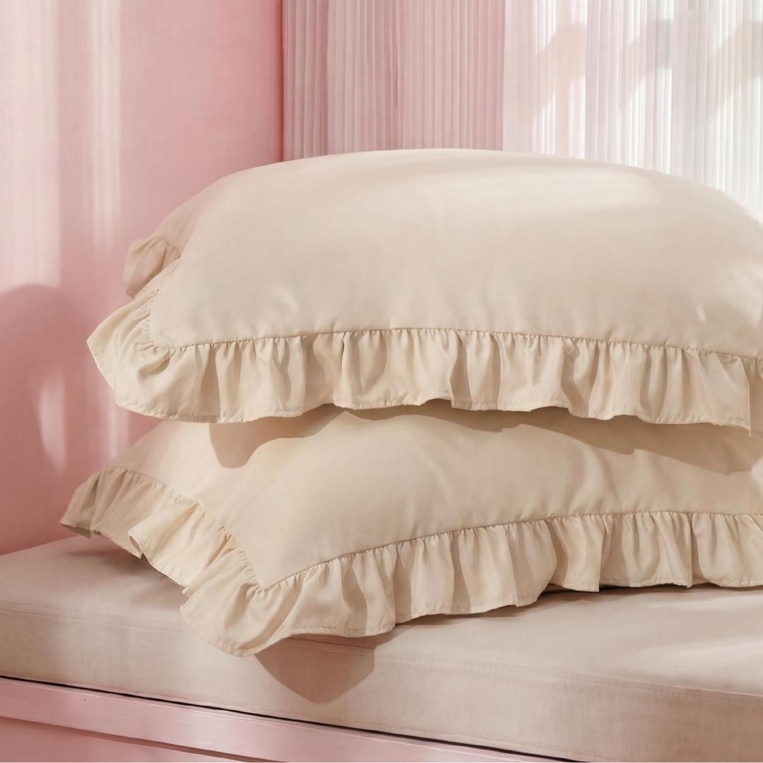 Bedsure Ruffle Pillow Cases, Beige Ruffled Pillow Shams King Size Set of 2, Double Brushed Microfiber Ruffled Pillow Covers with Envelope Closure, 20" x 36"