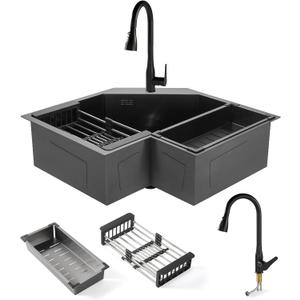 Corner Kitchen Sink with Pull Down Faucet, 304 Undermount Stainless Steel Butterfly Design, 25 Inch Drop In Large Modern Single Bowl Black Corner Sink, Includes Extendable Faucet, Draining Rack & Tray