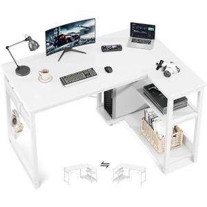 Casaottima L Shaped Computer Desk, 40 Inch Small Corner Desk with Storage Shelves & PC Stand, Reversible Gaming Desk for Bedroom, Modern Writing Study Table for Home Office, White