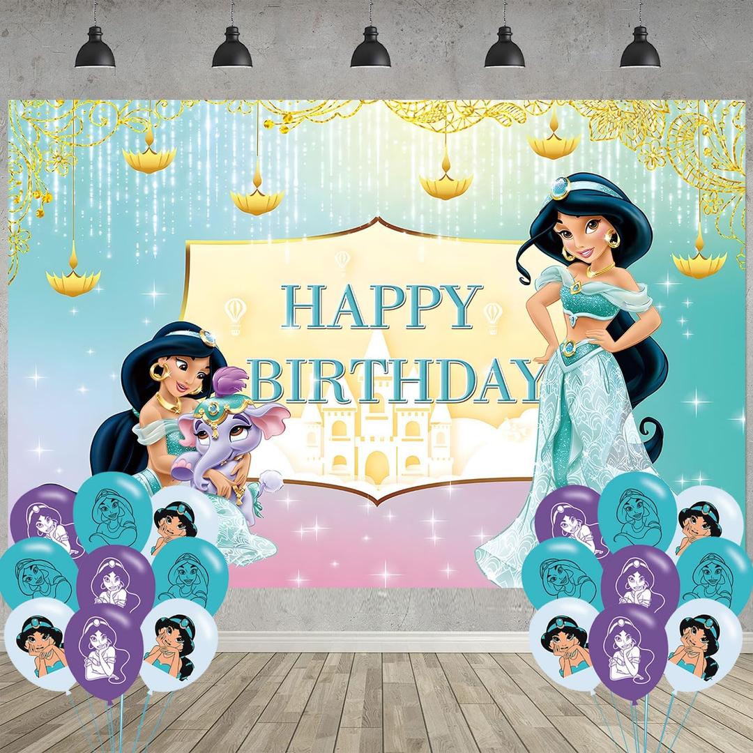 2 x Princess Jasmine Birthday Party Decoration,Princess Party Photo Background 5 x 3 FT and 18 Pcs Balloon,Merch Party Backdrop Supplies