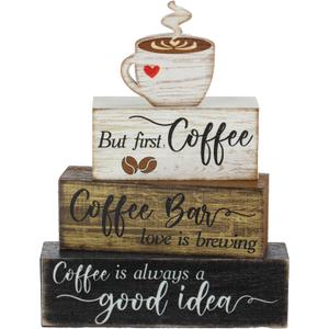 4 Pcs Wooden Coffee Bar Tabletop Decor Coffee Tiered Tray Decor Rustic Wood Bar Sign Gift Farmhouse Table Centerpiece Farmhouse Decorations for Home Kitchen