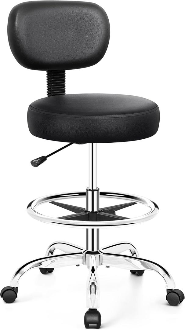 Drafting Chair with Backrest  Adjustable Foot Rest Rolling Stool with Wheels, PU Leather Swivel Stool for Office Spa Studio Lab Counter Salon Home Work Bar Kitchen Shop(Silver)