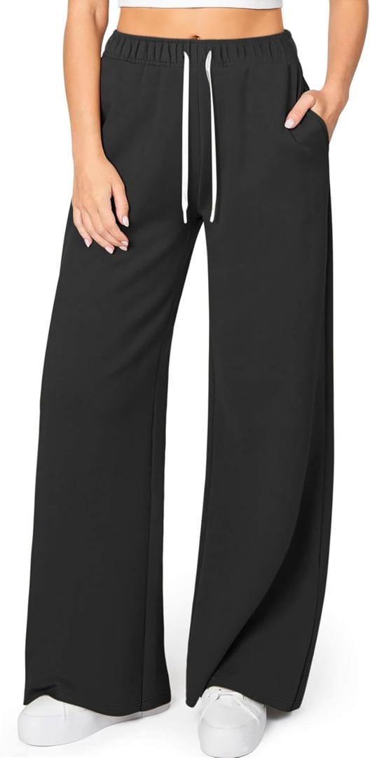 HeSaYep Women's Wide Leg Sweatpants Elastic High Waist Loose Sweat Pants Straight Leg Drawstring Trousers with Pockets (Black),S