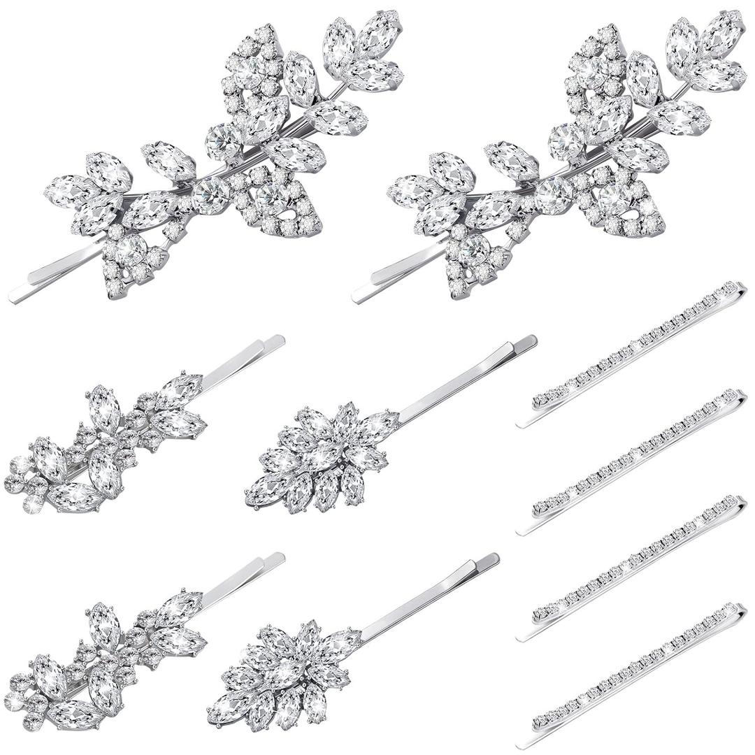 Janinka 10 Pieces Rhinestone Wedding Hair Clips Bridal Crystal Bobby Pins Silver Barrette Leaf Flower Wedding Elegant Hair Accessories for Bride Women and Girls (Rhinestone Style)