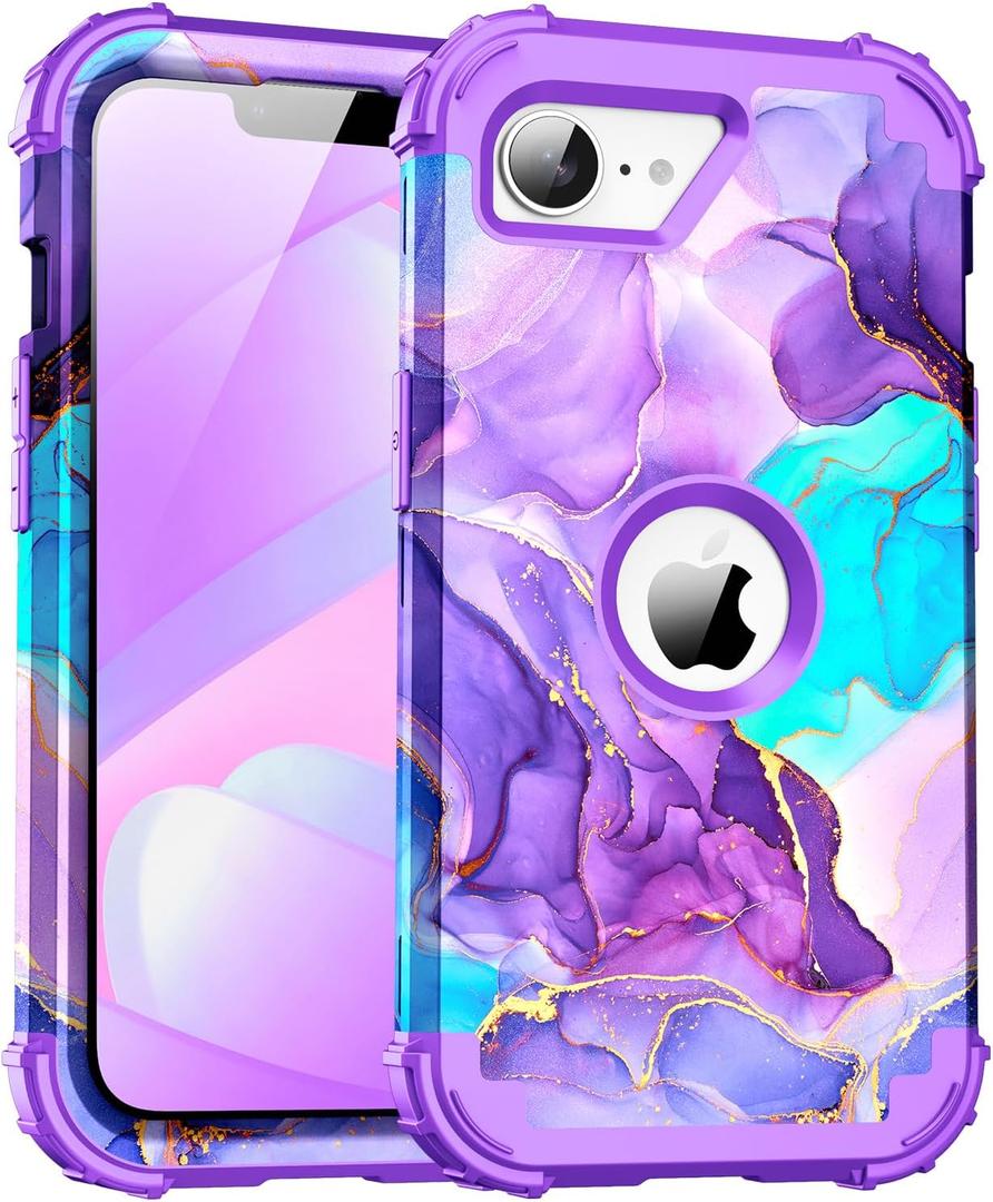 For iPhone 16E 2025 Case,Marble Design Three Layer Heavy Duty Shockproof Hybrid Hard Plastic Bumper Soft Silicone Rubber Drop Protective Cover Case for iPhone 16E 2025 6.1",Purple